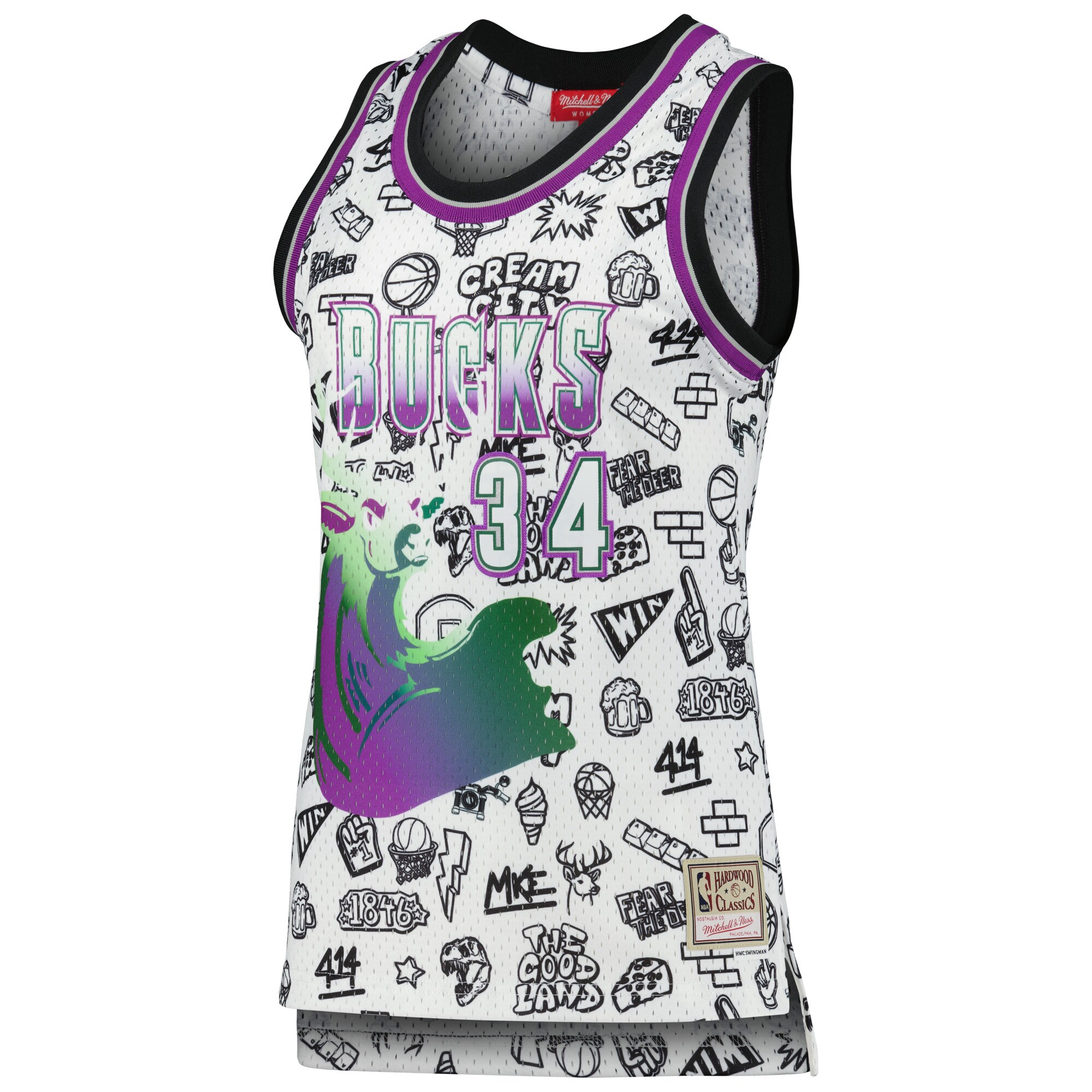 Alternative view of Ray Allen Milwaukee Bucks Mitchell & Ness Women's 1996 Doodle Swingman Basketball Jersey - White