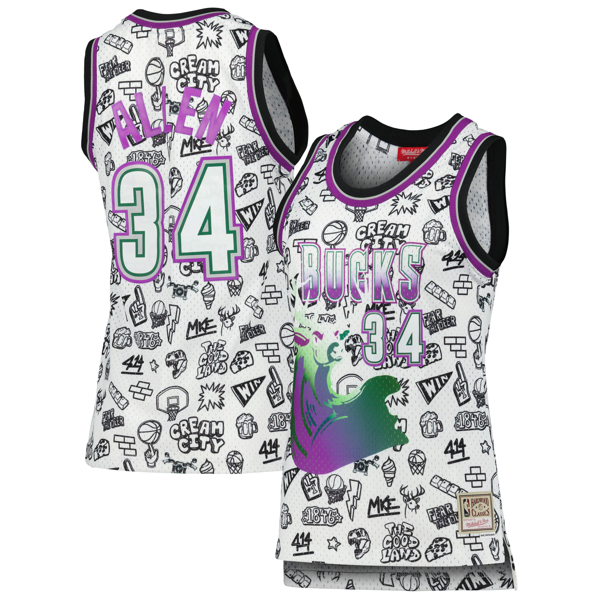 Alternative view of Ray Allen Milwaukee Bucks Mitchell & Ness Women’s 1996 Doodle Swingman Basketball Jersey – White