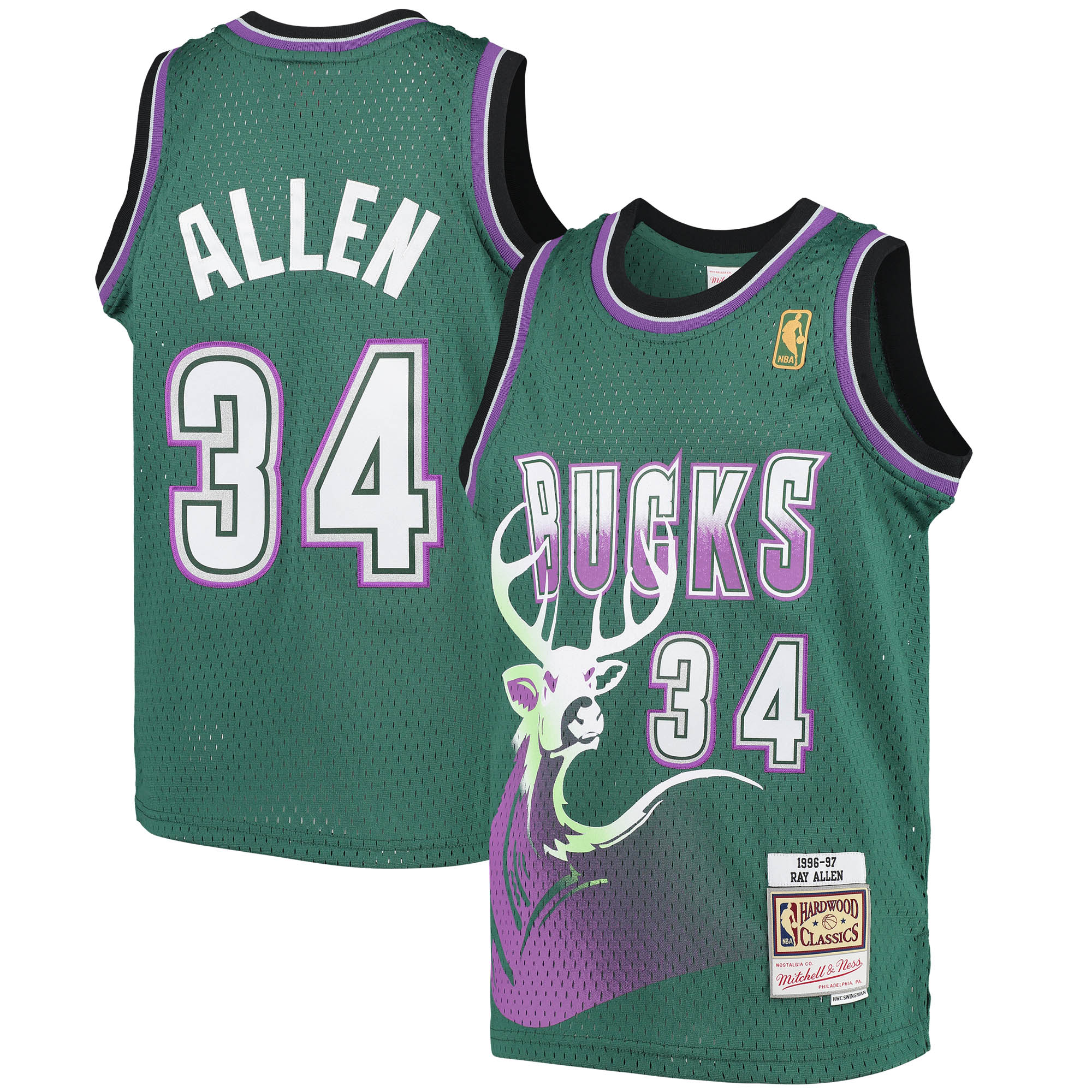 Alternative view of Ray Allen Milwaukee Bucks Mitchell & Ness Youth 1996-97 Hardwood Classics Swingman Basketball Jersey - Green