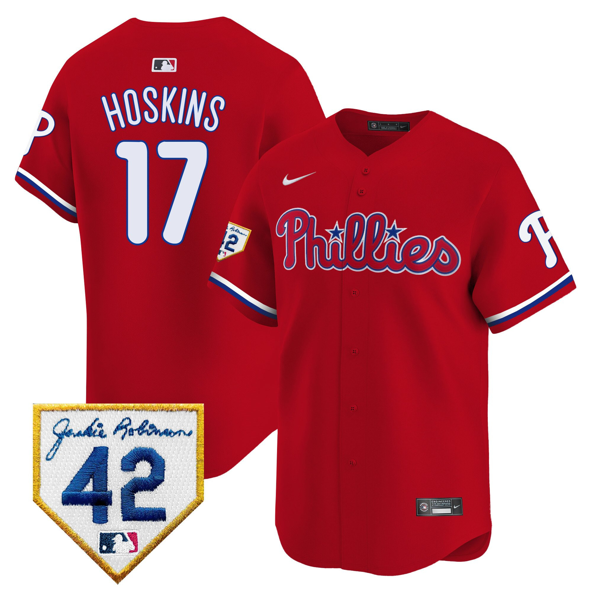 Rhys Hoskins 17 Philadelphia Phillies 2024 Jackie Robinson Patch Men Baseball Jersey - Red 
