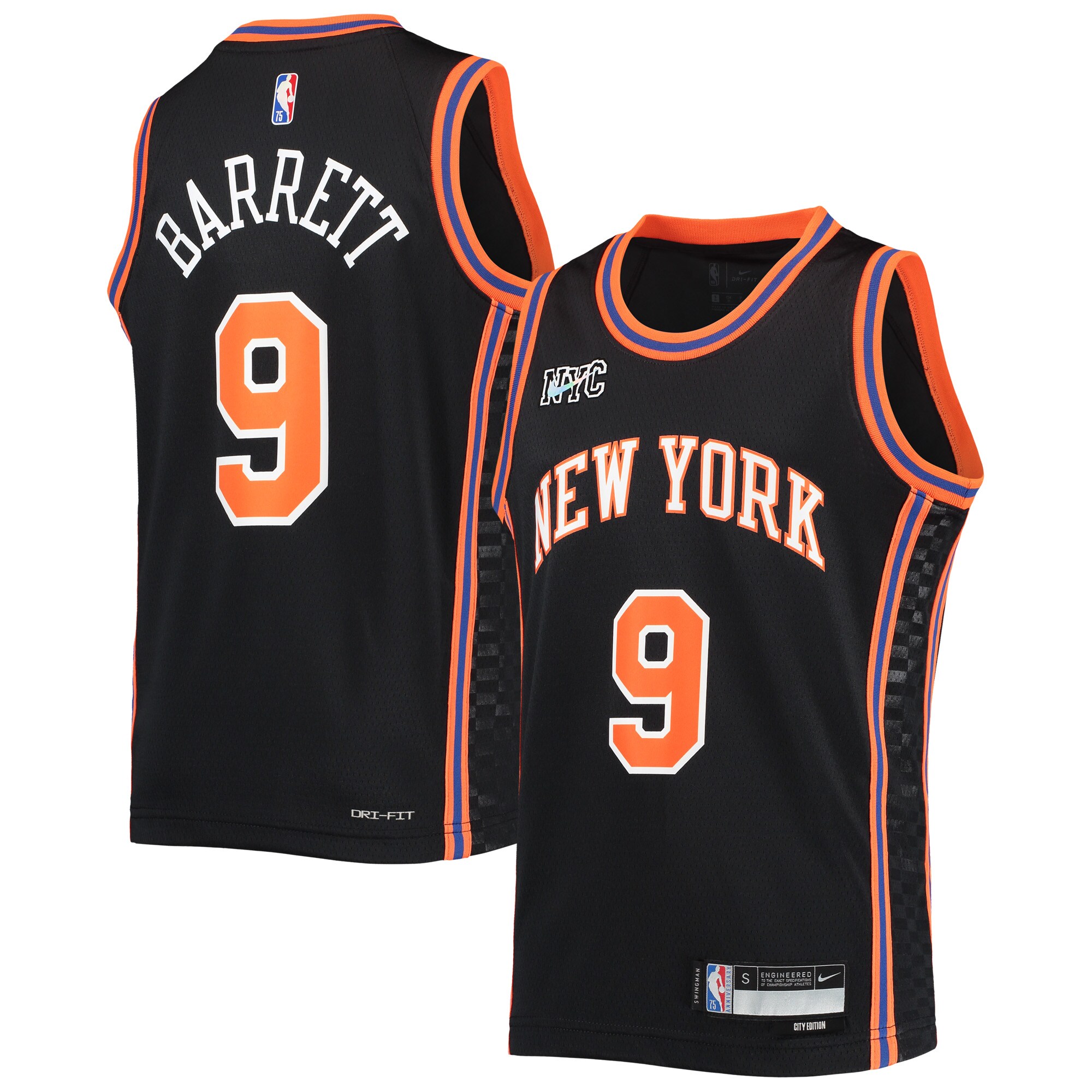 Alternative view of Rj Barrett New York Knicks Youth 2021/22 Swingman Basketball Jersey - City Edition - Black