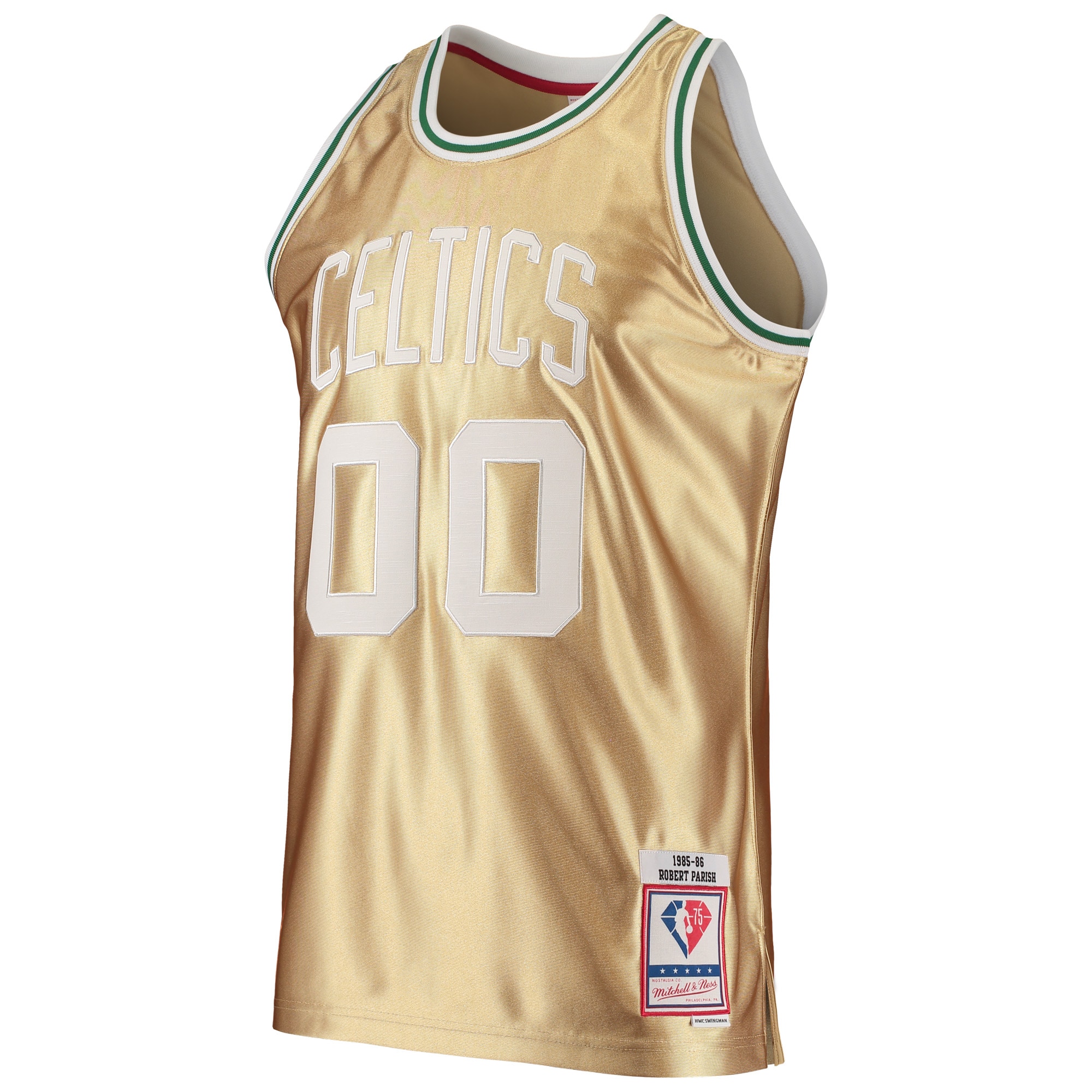 Alternative view of Robert Parish Boston Celtics Mitchell & Ness 75th Anniversary 1985/86 Hardwood Classics Swingman Basketball Jersey - Gold