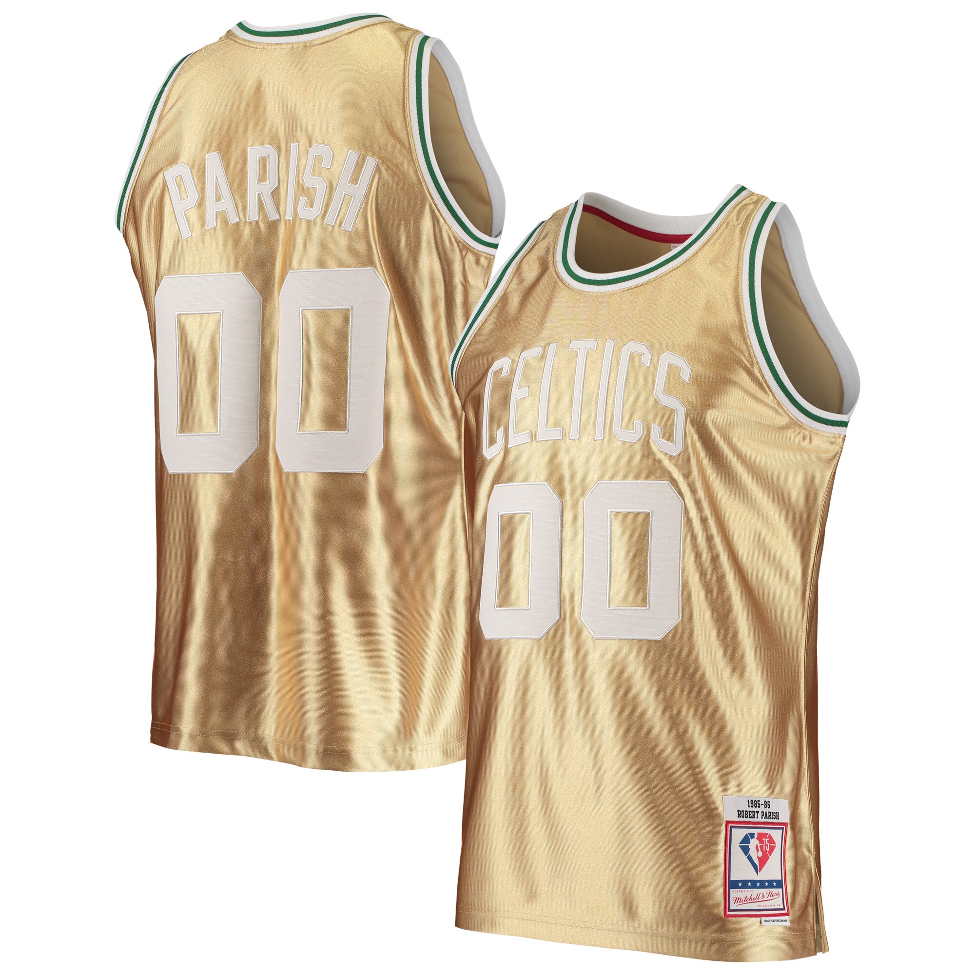 Alternative view of Robert Parish Boston Celtics Mitchell & Ness 75th Anniversary 1985/86 Hardwood Classics Swingman Basketball Jersey – Gold