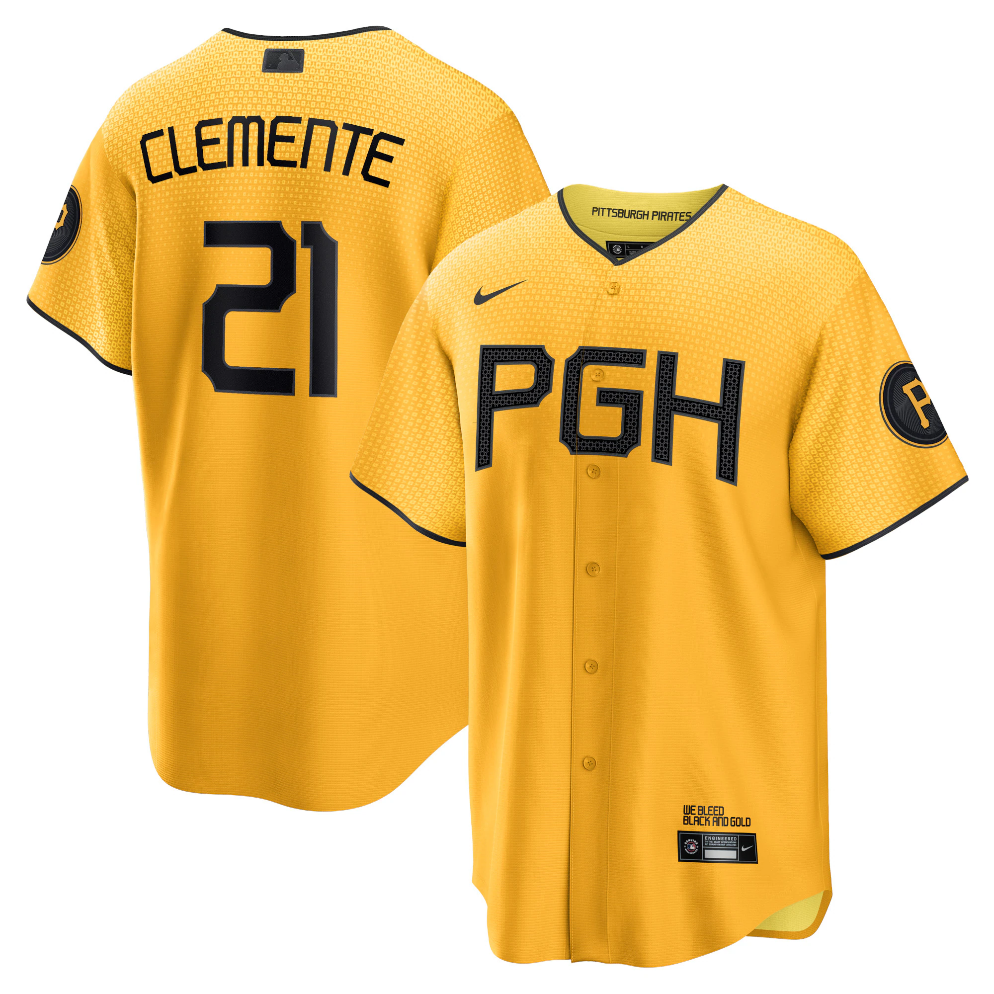 Alternative view of Roberto Clemente Pittsburgh Pirates 2023 City Connect Replica Player Jersey - Gold