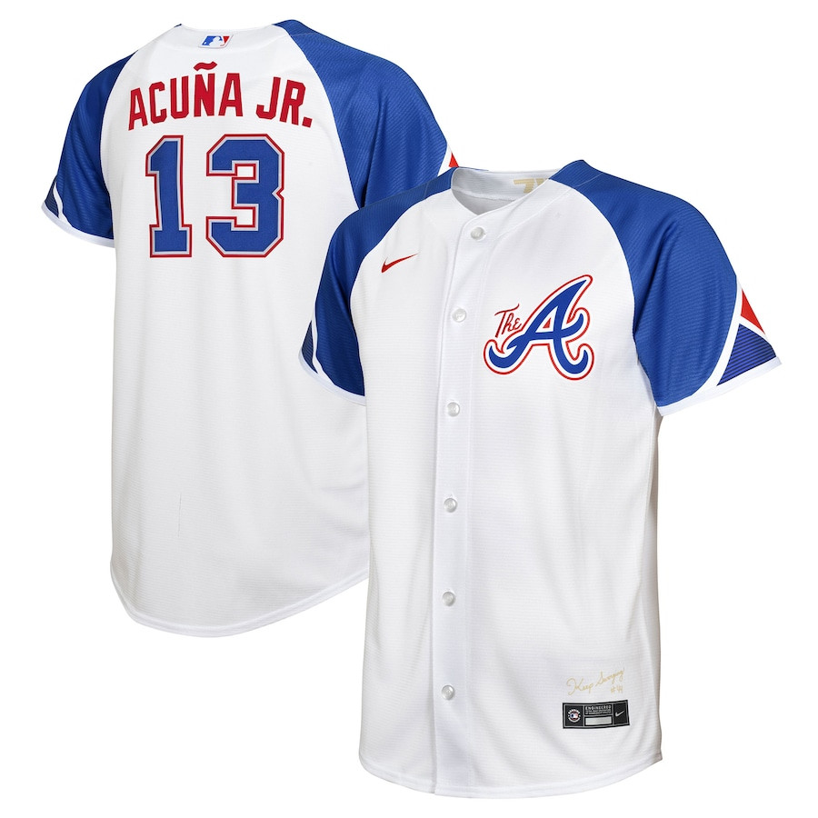 Ronald Acuña Jr. 13 Atlanta Braves 2023 City Connect Youth Baseball Jersey - White - JS327