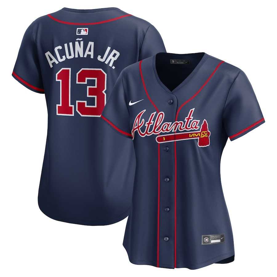Ronald Acuña Jr. 13 Atlanta Braves Alternate Limited Women Player Baseball Jersey – Navy - JS685