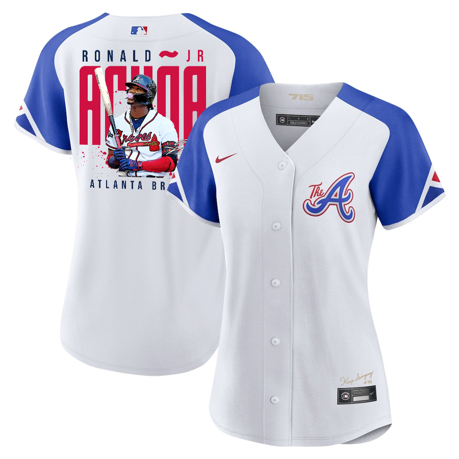 Ronald Acuña Jr. 13 Atlanta Braves Signed Gum 2023 City Connect Player Women Baseball Jersey - White Blue - JS548