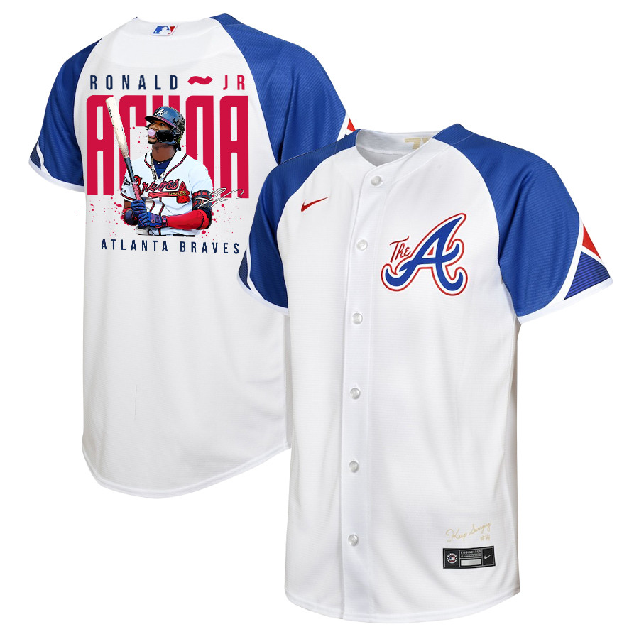 Ronald Acuña Jr. 13 Atlanta Braves Signed Gum 2023 City Connect Player YOUTH Baseball Jersey - White Blue - JS767