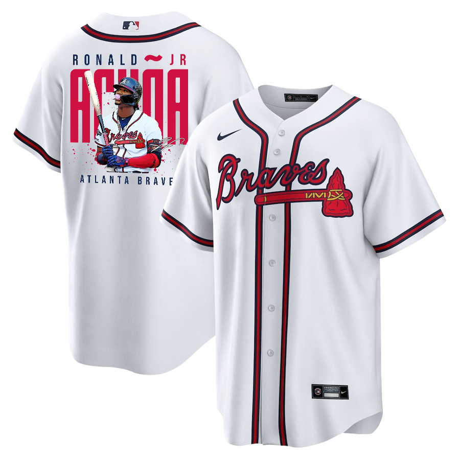 Ronald Acuña Jr. 13 Atlanta Braves Signed Gum 2023 Home Player Men Baseball Jersey - White Red - JS531