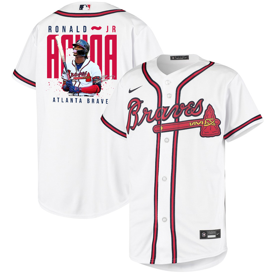 Ronald Acuña Jr. 13 Atlanta Braves Signed Gum 2023 Home Player YOUTH Baseball Jersey - White Red - JS602