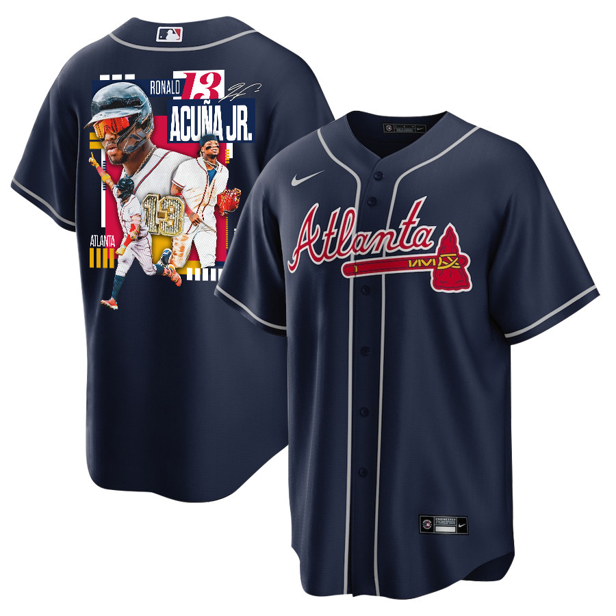 Ronald Acuña Jr. 13 Atlanta Braves Signed MVP 2023 Alternate Player Men Baseball Jersey - Navy - JS969