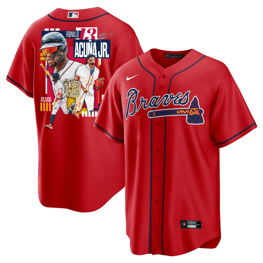 Ronald Acuña Jr. 13 Atlanta Braves Signed MVP 2023 Alternate Player Men Baseball Jersey - Red - JS994