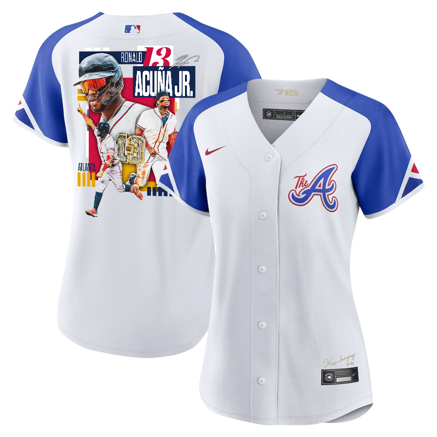 Ronald Acuña Jr. 13 Atlanta Braves Signed MVP 2023 City Connect Player Women Baseball Jersey - White Blue - JS326