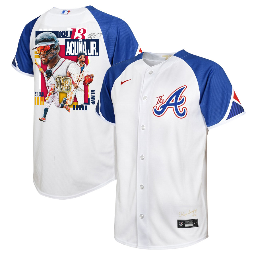 Ronald Acuña Jr. 13 Atlanta Braves Signed MVP 2023 City Connect Player YOUTH Baseball Jersey - White Blue - JS853