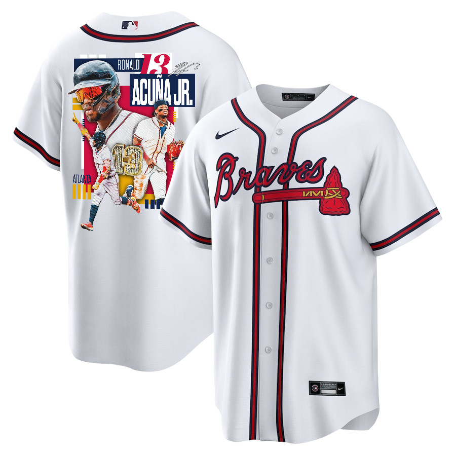 Ronald Acuña Jr. 13 Atlanta Braves Signed MVP 2023 Home Player Men Baseball Jersey - White Red - JS911