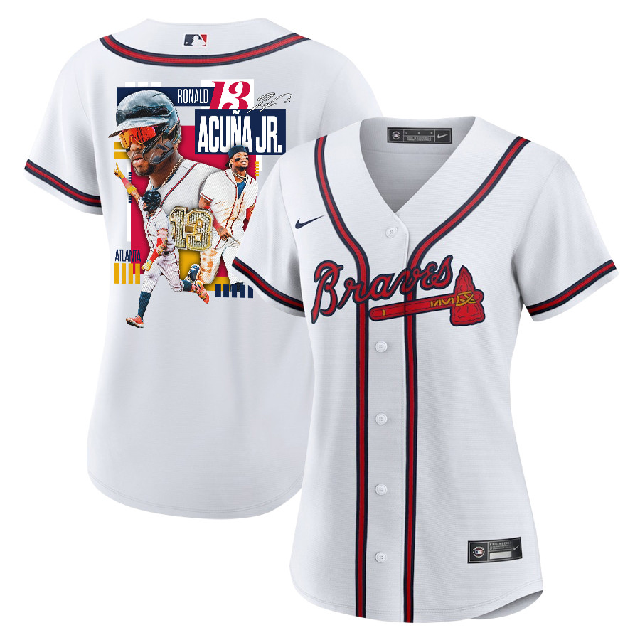 Ronald Acuña Jr. 13 Atlanta Braves Signed MVP 2023 Home Player Women Baseball Jersey - White Red - JS936