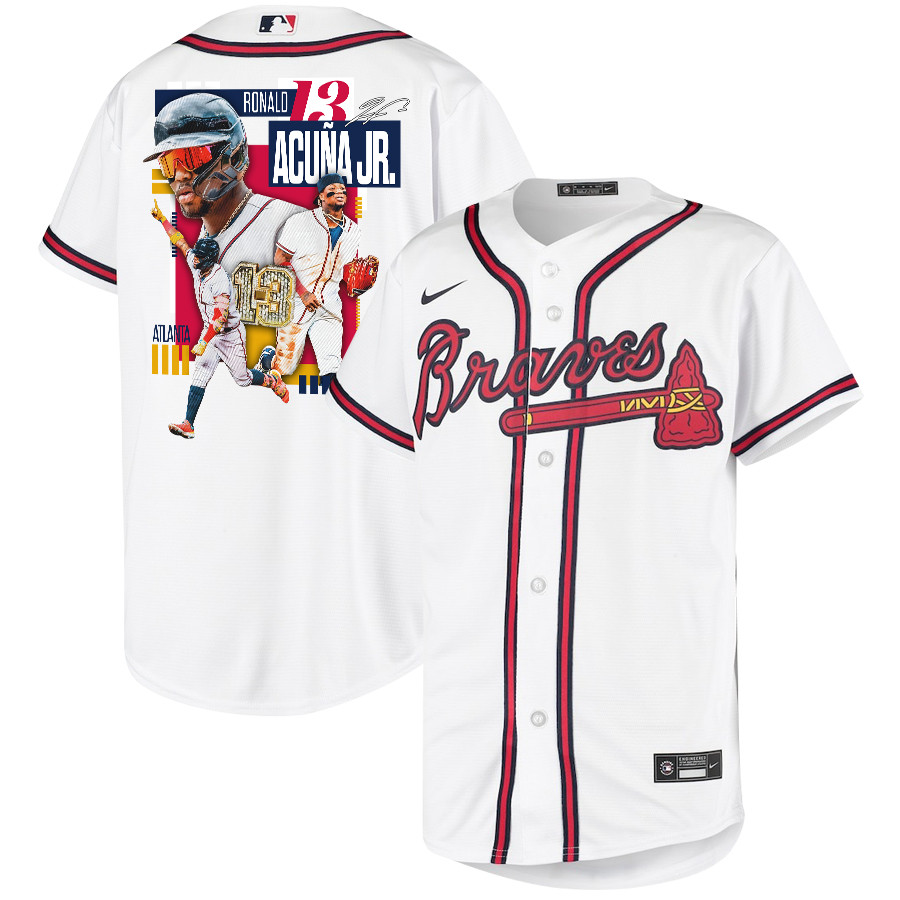 Ronald Acuña Jr. 13 Atlanta Braves Signed MVP 2023 Home Player YOUTH Baseball Jersey - White Red - JS963