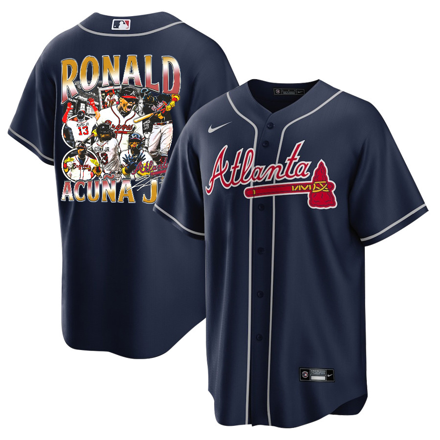 Ronald Acuña Jr. 13 Atlanta Braves Signed Posture 2023 Alternate Player Men Baseball Jersey - Navy - JS336