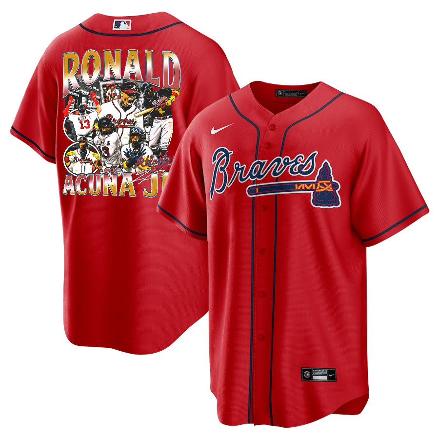 Ronald Acuña Jr. 13 Atlanta Braves Signed Posture 2023 Alternate Player Men Baseball Jersey - Red - JS459