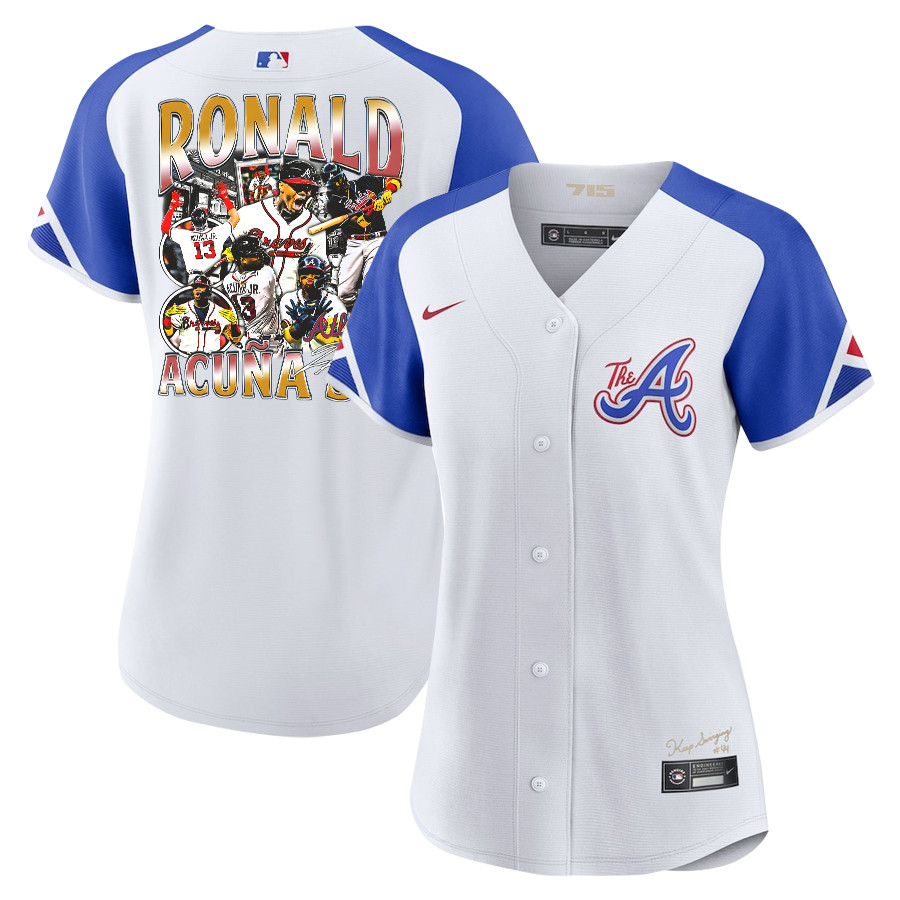 Ronald Acuña Jr. 13 Atlanta Braves Signed Posture 2023 City Connect Player Women Baseball Jersey - White Blue - JS818
