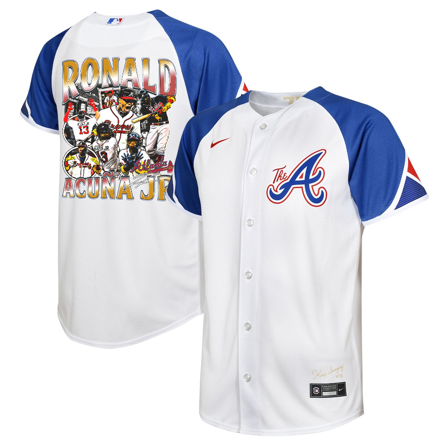 Ronald Acuña Jr. 13 Atlanta Braves Signed Posture 2023 City Connect Player YOUTH Baseball Jersey - White Blue - JS119