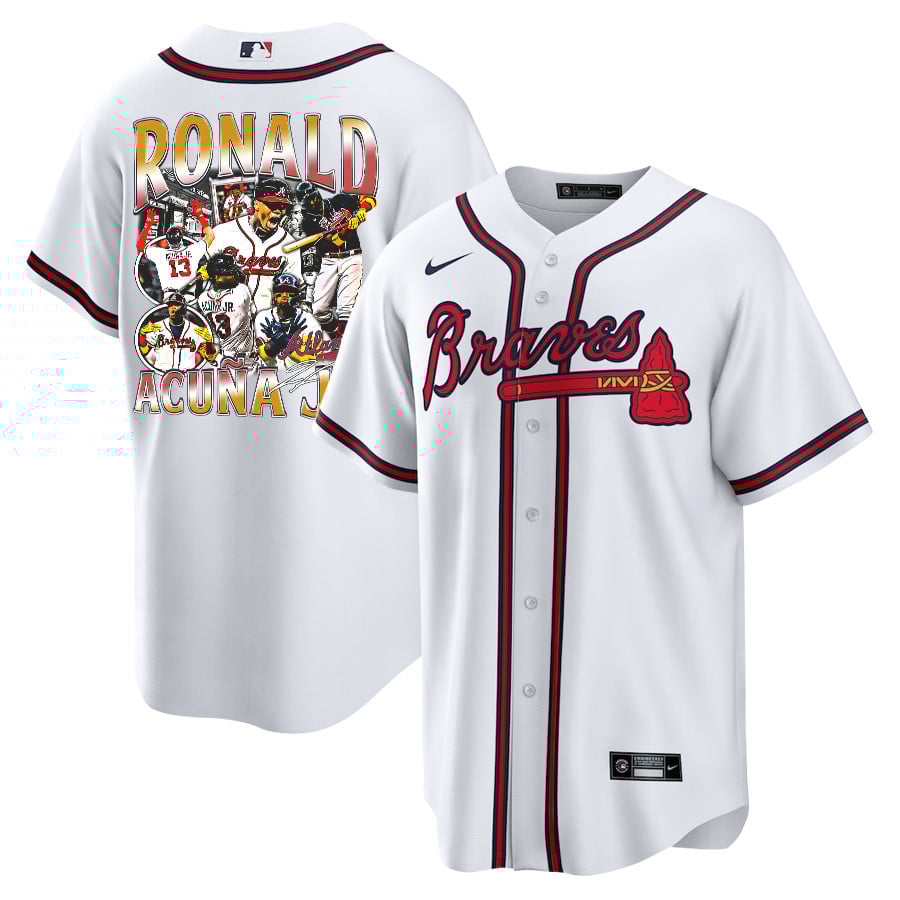 Ronald Acuña Jr. 13 Atlanta Braves Signed Posture 2023 Home Player Men Baseball Jersey - White Red - JS251