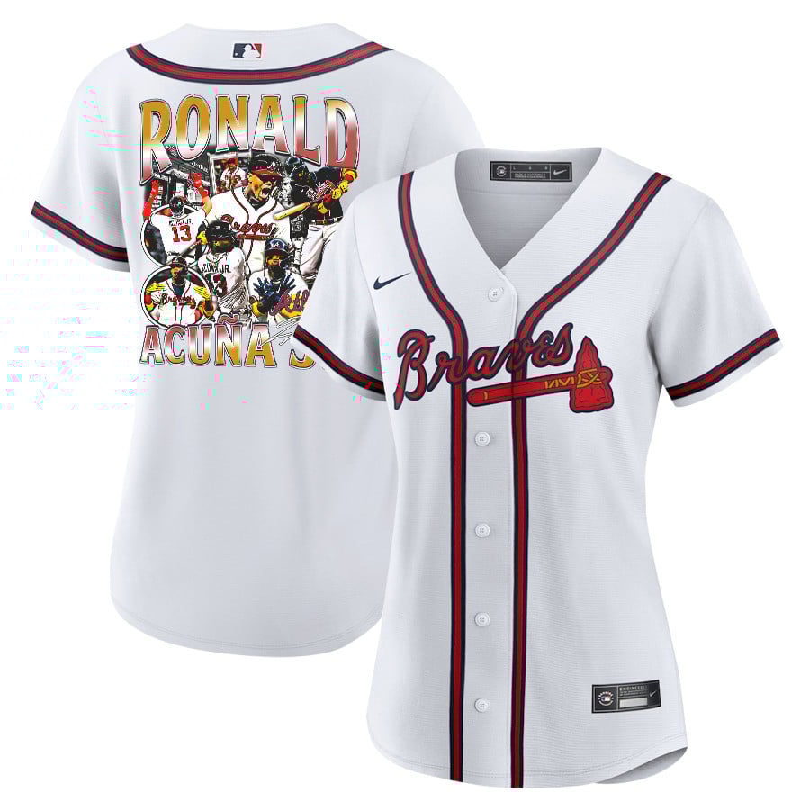 Ronald Acuña Jr. 13 Atlanta Braves Signed Posture 2023 Home Player Women Baseball Jersey - White Red - JS679