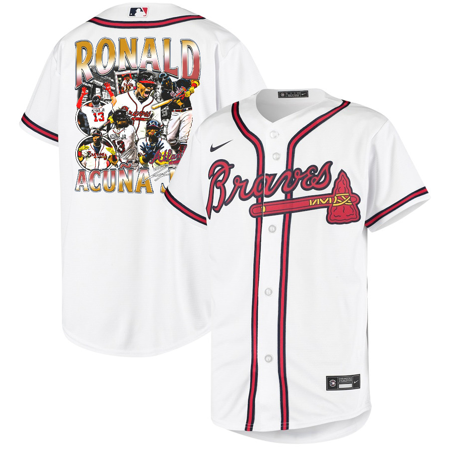 Ronald Acuña Jr. 13 Atlanta Braves Signed Posture 2023 Home Player YOUTH Baseball Jersey - White Red - JS968