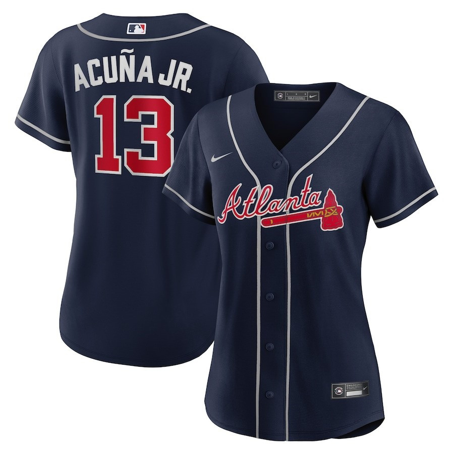 Ronald Acuna Jr. 13 Atlanta Braves Women's Alternate Player Baseball Jersey - Navy - JS608