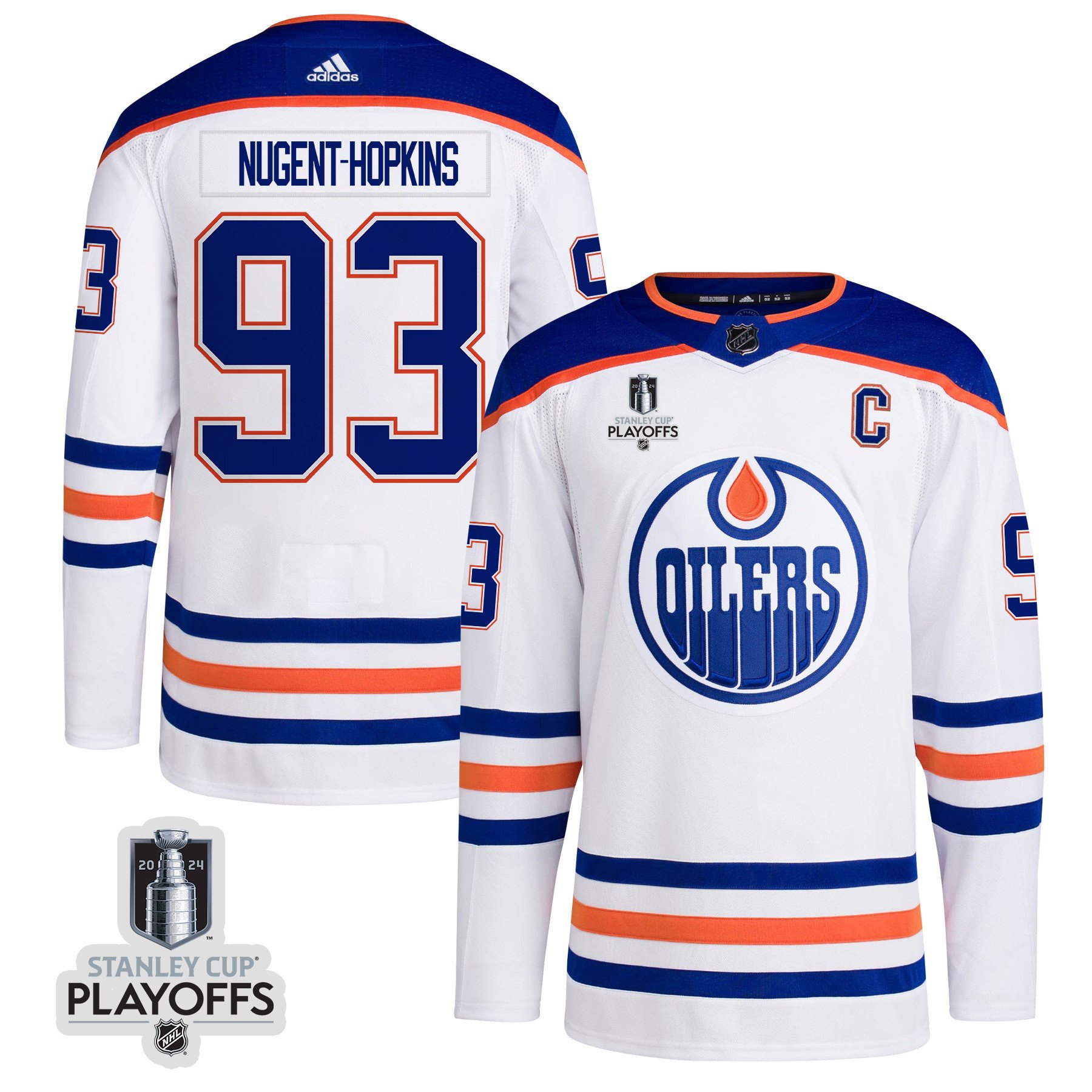Ryan Nugent-Hopkins 93 Edmonton Oilers 2024 NHL Playoffs Patch Away Hockey Jersey - Men, White - JS906 