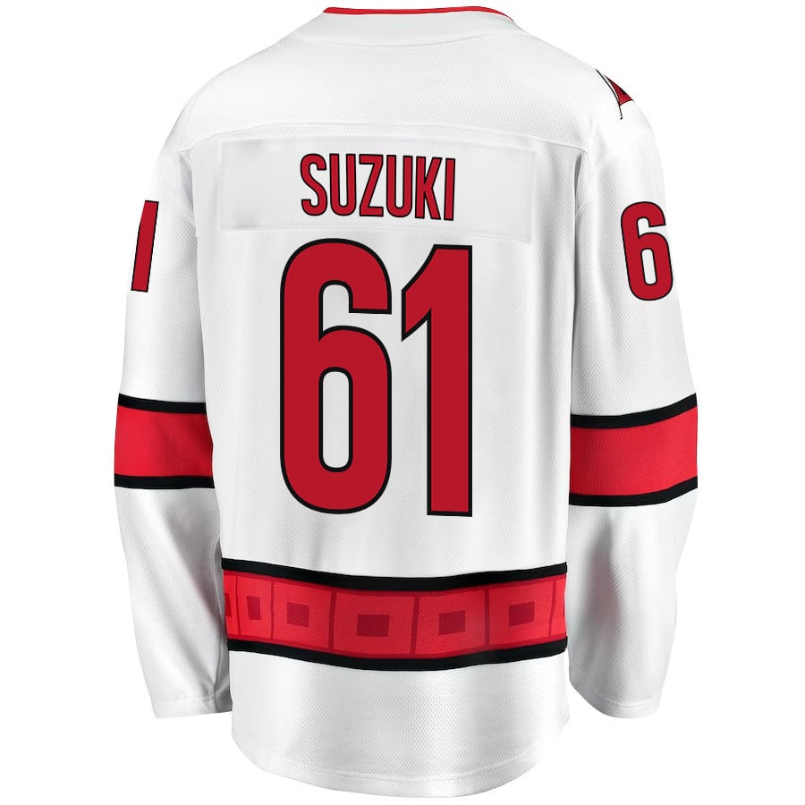 Alternative view of Ryan Suzuki 61 Carolina Hurricanes Stanley Cup 2023 Playoffs Patch Away Breakaway Men Hockey Jersey - White - JS547 