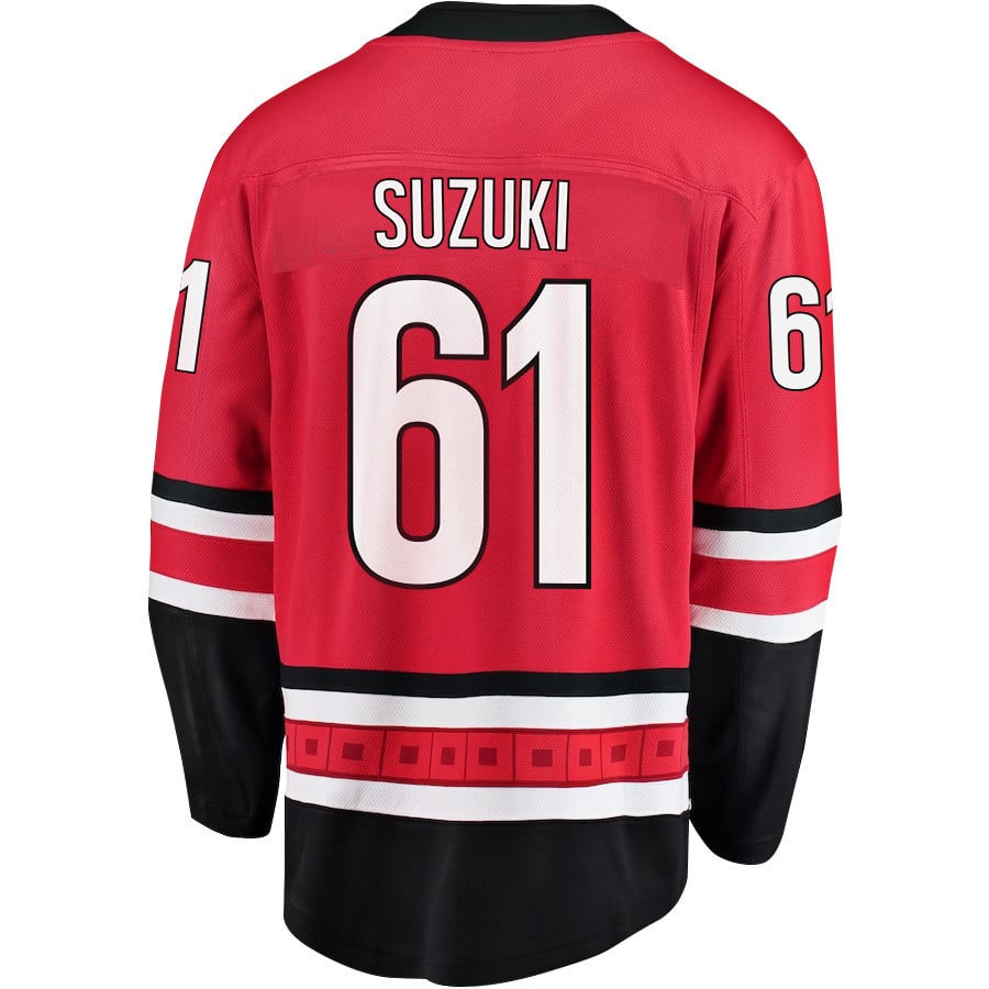 Alternative view of Ryan Suzuki 61 Carolina Hurricanes Stanley Cup 2023 Playoffs Patch Home Breakaway Men Hockey Jersey - Red - JS962 