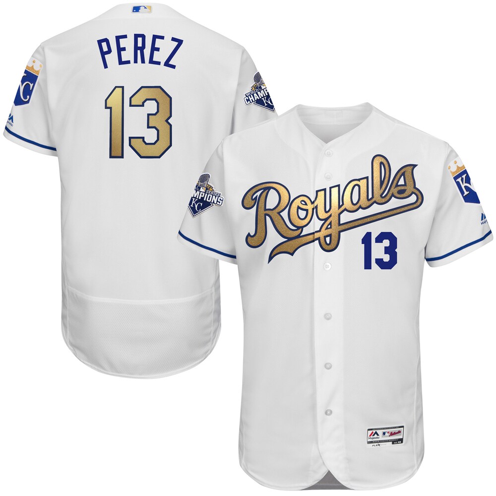 Salvador Perez Kansas City Royals Majestic Home 2015 World Series Champions Gold Program Flex Base Player Baseball Jersey - White
