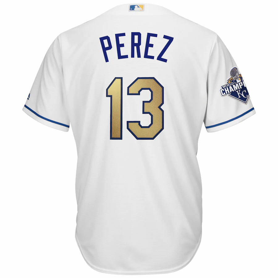 Alternative view of Salvador Perez Kansas City Royals Majestic World Series Champions Gold Program Cool Base Player Baseball Jersey - White