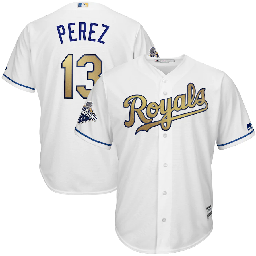 Salvador Perez Kansas City Royals Majestic World Series Champions Gold Program Cool Base Player Baseball Jersey - White