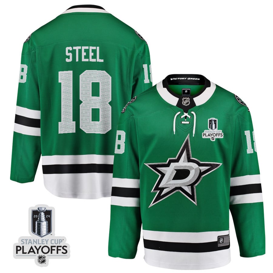 Sam Steel 18 Dallas Stars 2024 NHL Playoffs Patch Home Hockey Jersey - Men, Green - JS423 