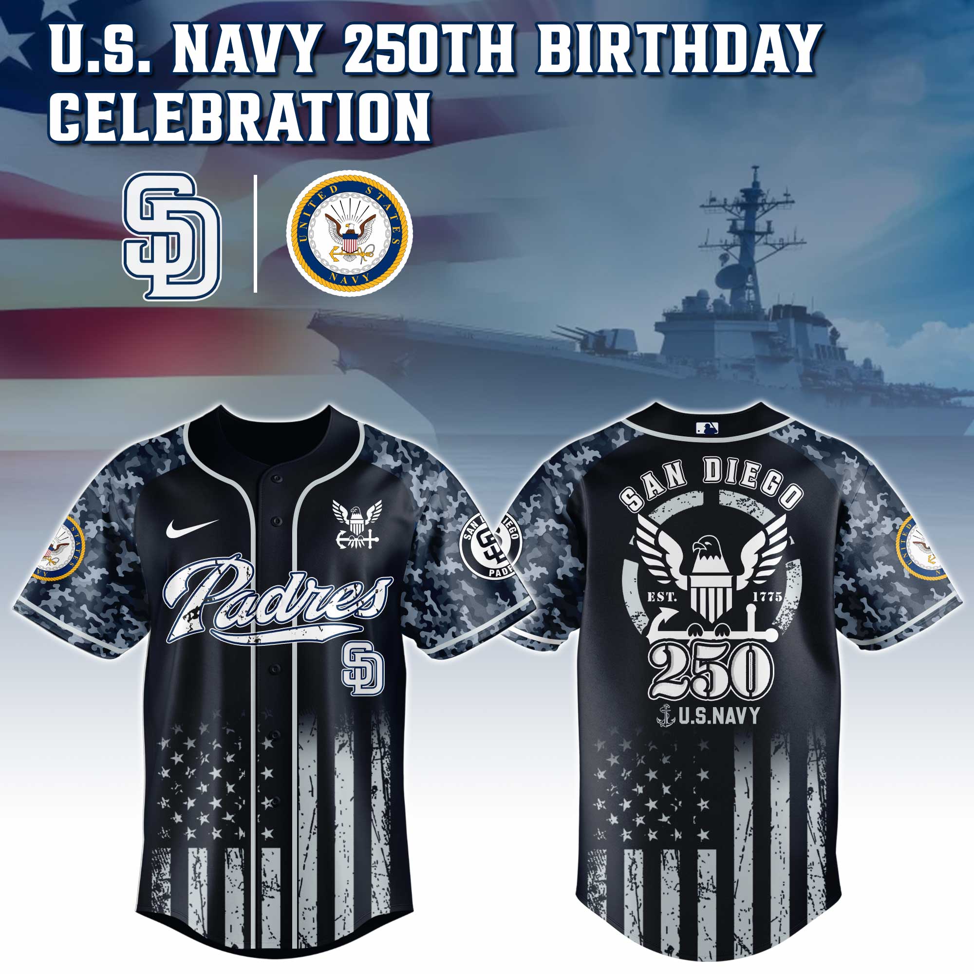 San Diego Padres Mlb X 250 U.s. Navy Custom Baseball Jersey