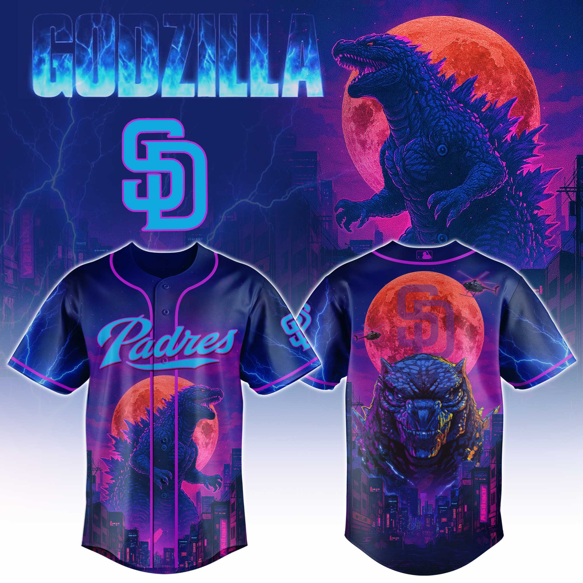 San Diego Padres Mlb X Godzilla Neon City Custom Baseball Jersey