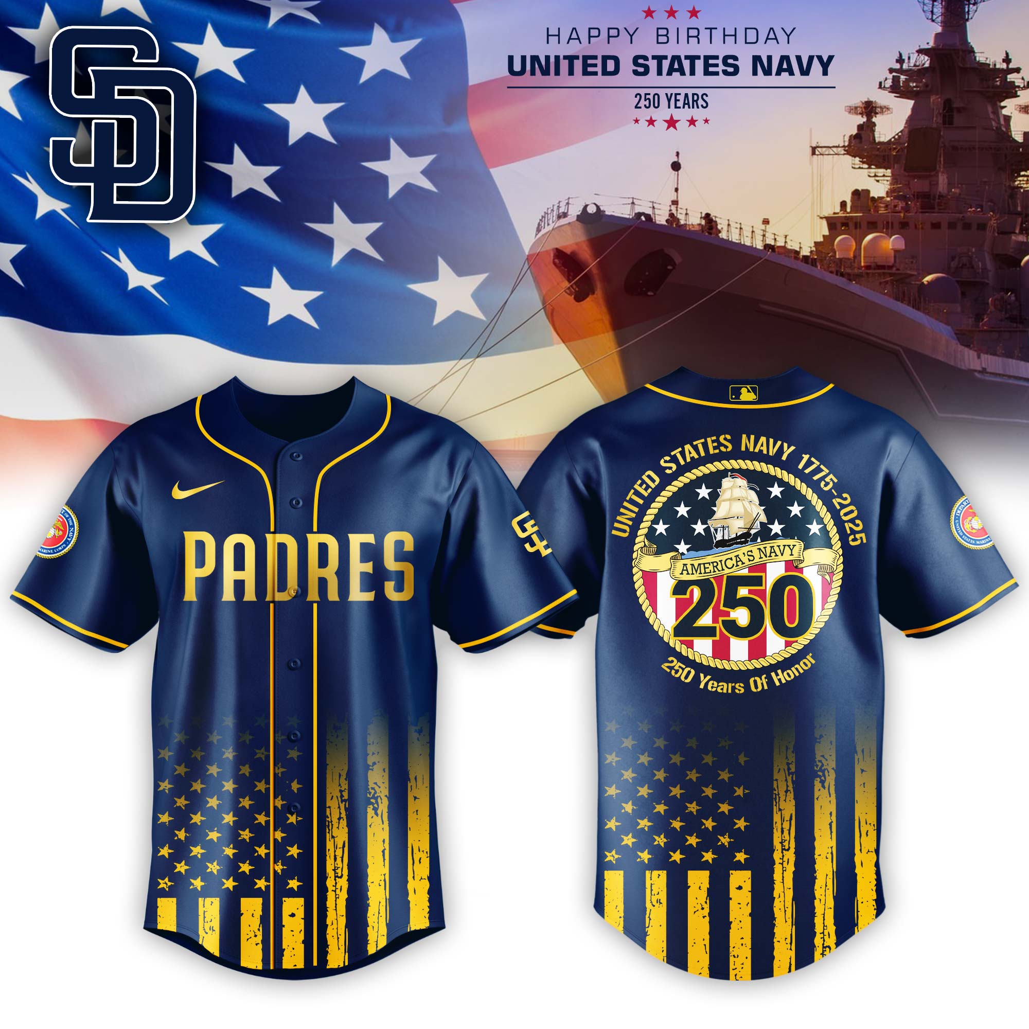 San Diego Padres Mlb X Usa Happy Birthday Usa Navy Custom Baseball Jersey
