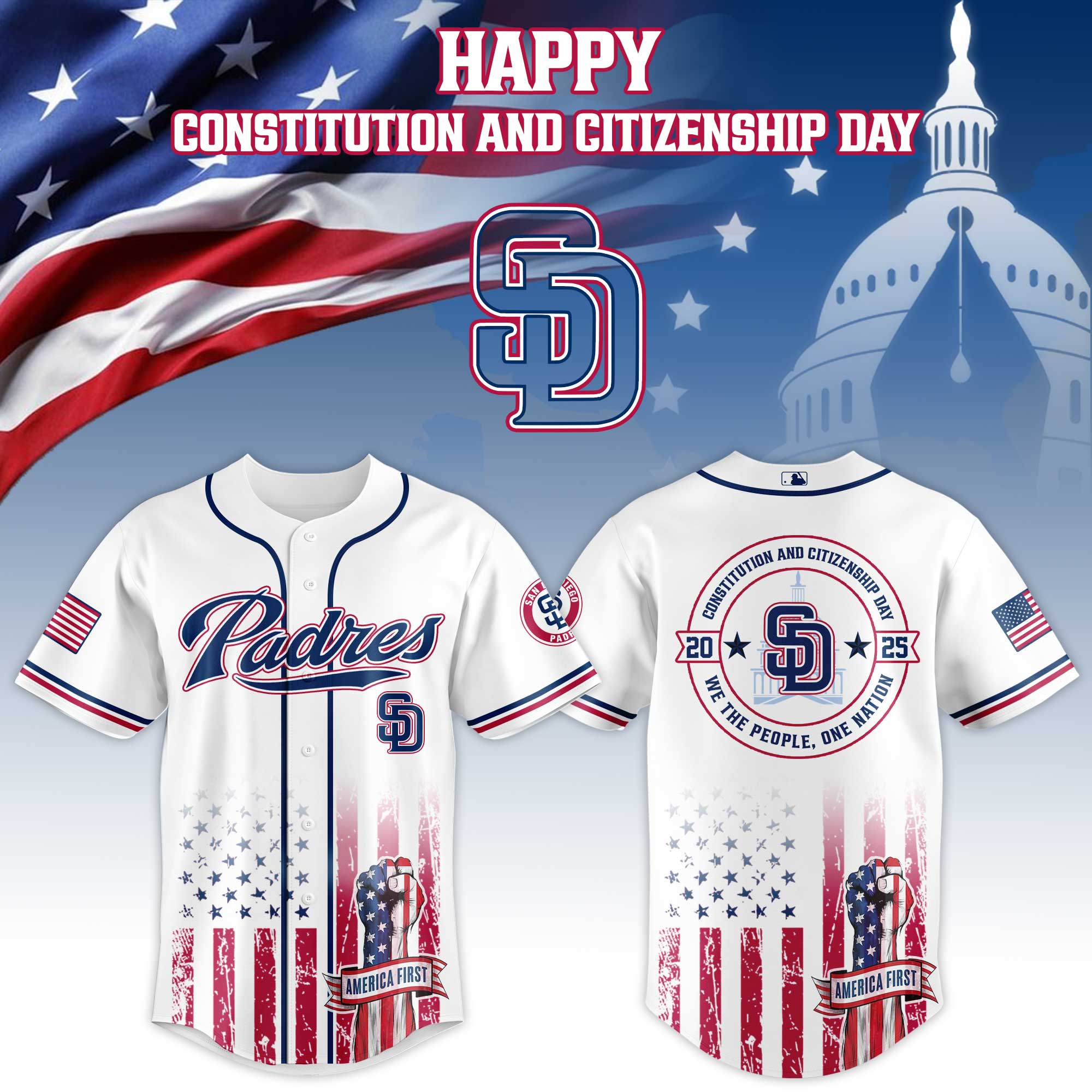 San Diego Padres Mlb X Usa Happy Constitution And Citizenship Day Custom Baseball Jersey