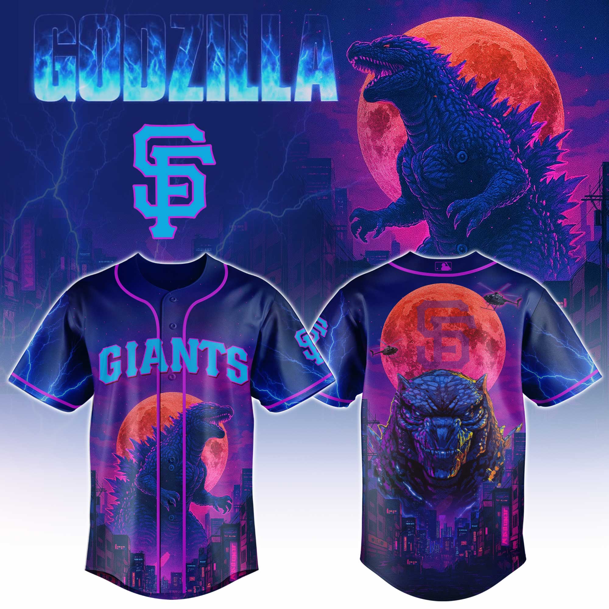 San Francisco Giants Mlb X Godzilla Neon City Custom Baseball Jersey