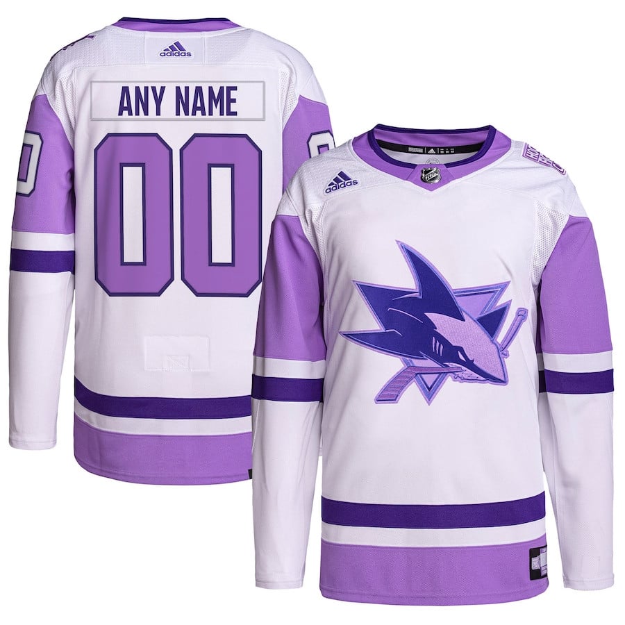 San Jose Sharks Hockey Fights Cancer Primegreen Custom Men Hockey Jersey - White/Purple - JS453 