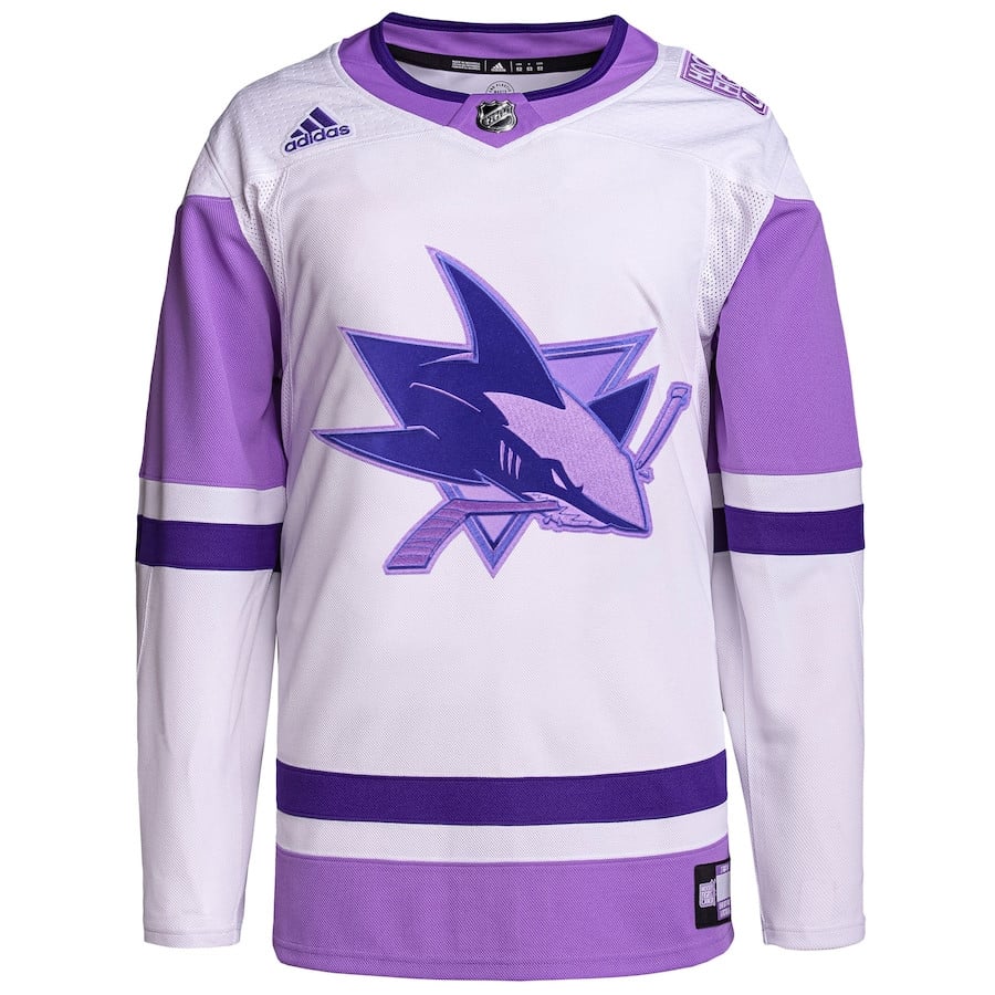 Alternative view of San Jose Sharks Hockey Fights Cancer Primegreen Men Hockey Jersey - White/Purple - JS259 
