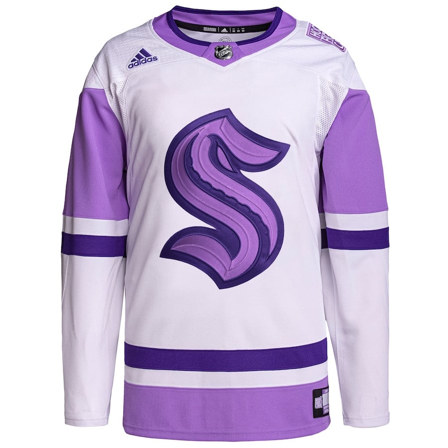 Alternative view of Seattle Kraken Hockey Fights Cancer Primegreen Men Hockey Jersey - White/Purple - JS453 