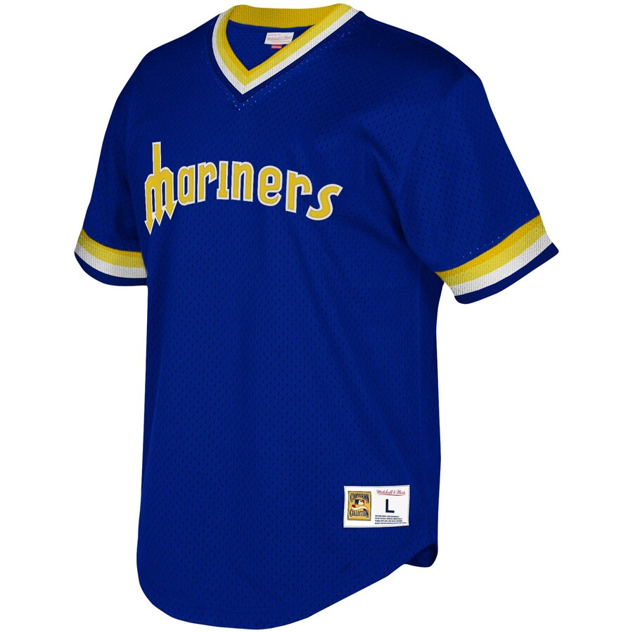 Alternative view of Seattle Mariners Mitchell & Ness Youth Cooperstown Collection Mesh Wordmark V-neck Baseball Jersey - Royal