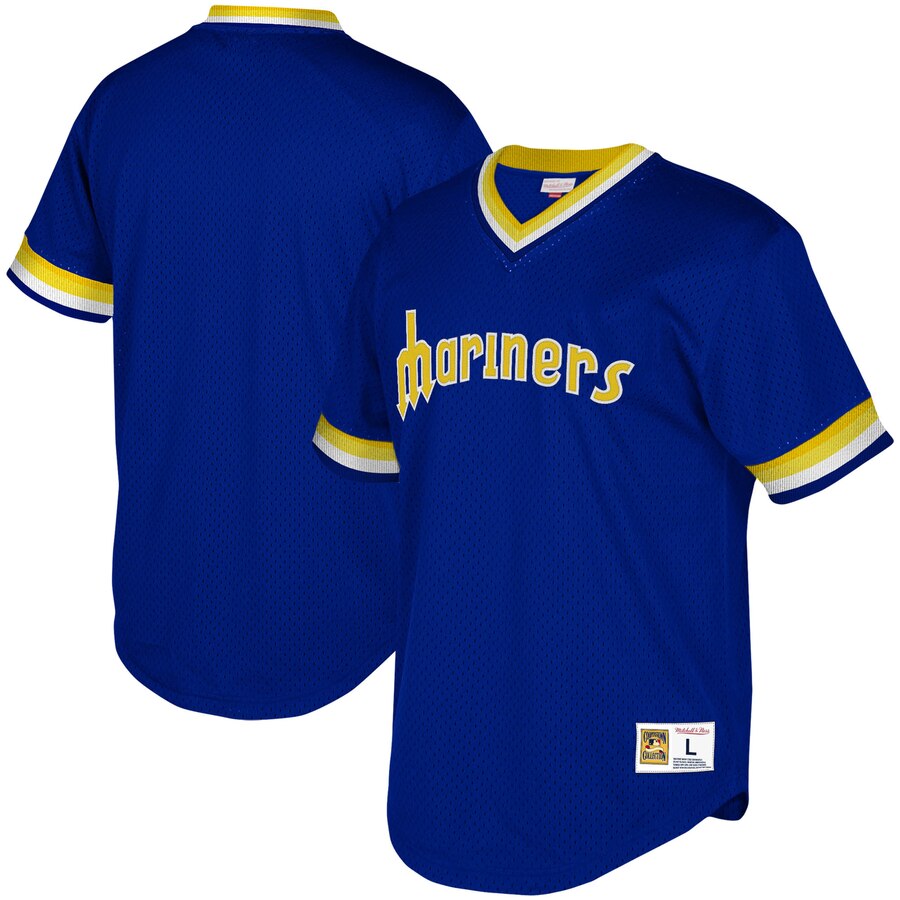 Seattle Mariners Mitchell & Ness Youth Cooperstown Collection Mesh Wordmark V-neck Baseball Jersey - Royal