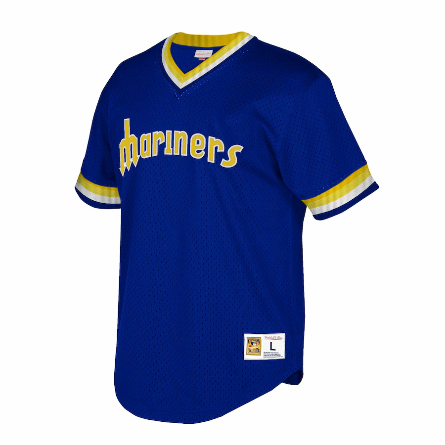 Alternative view of Seattle Mariners Mitchell And Ness Big And Tall Cooperstown Collection Mesh Wordmark V-neck Baseball Jersey - Royal