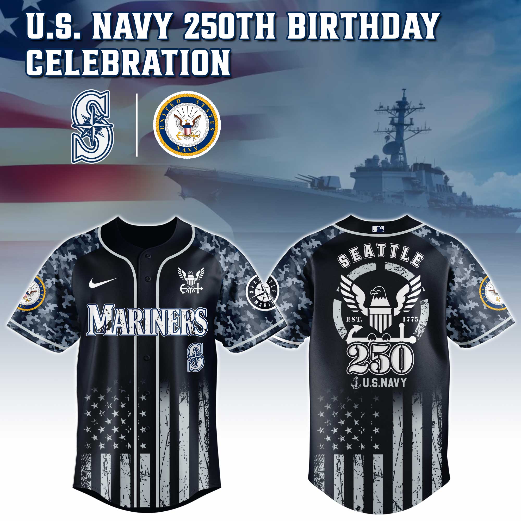 Seattle Mariners Mlb X 250 U.s. Navy Custom Baseball Jersey