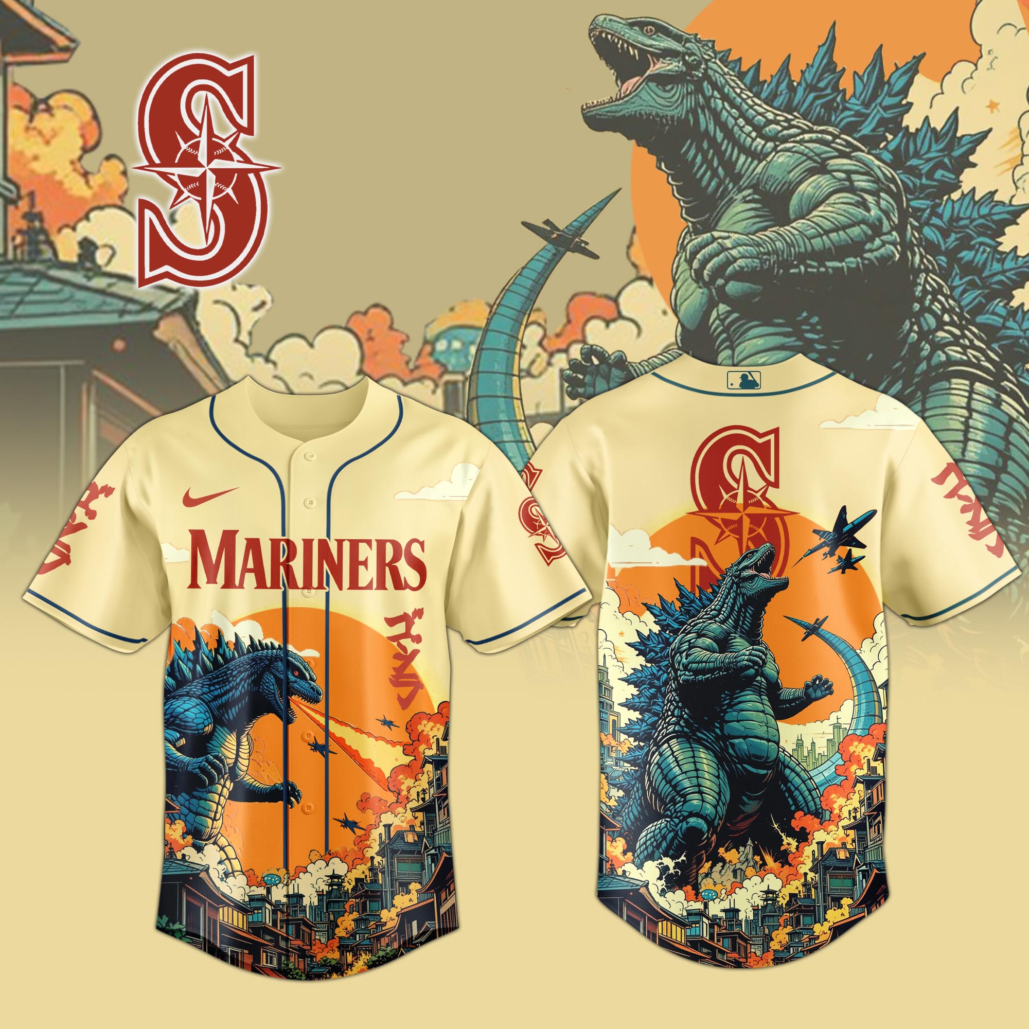Seattle Mariners Mlb X Godzilla Attack Custom Baseball Jersey