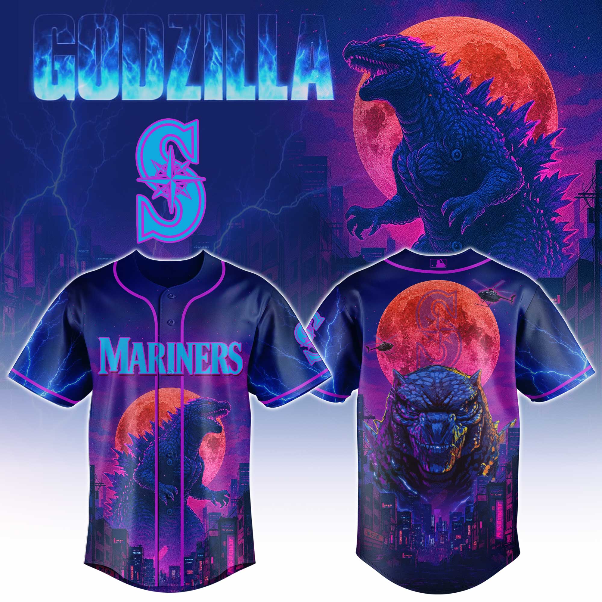 Seattle Mariners Mlb X Godzilla Neon City Custom Baseball Jersey